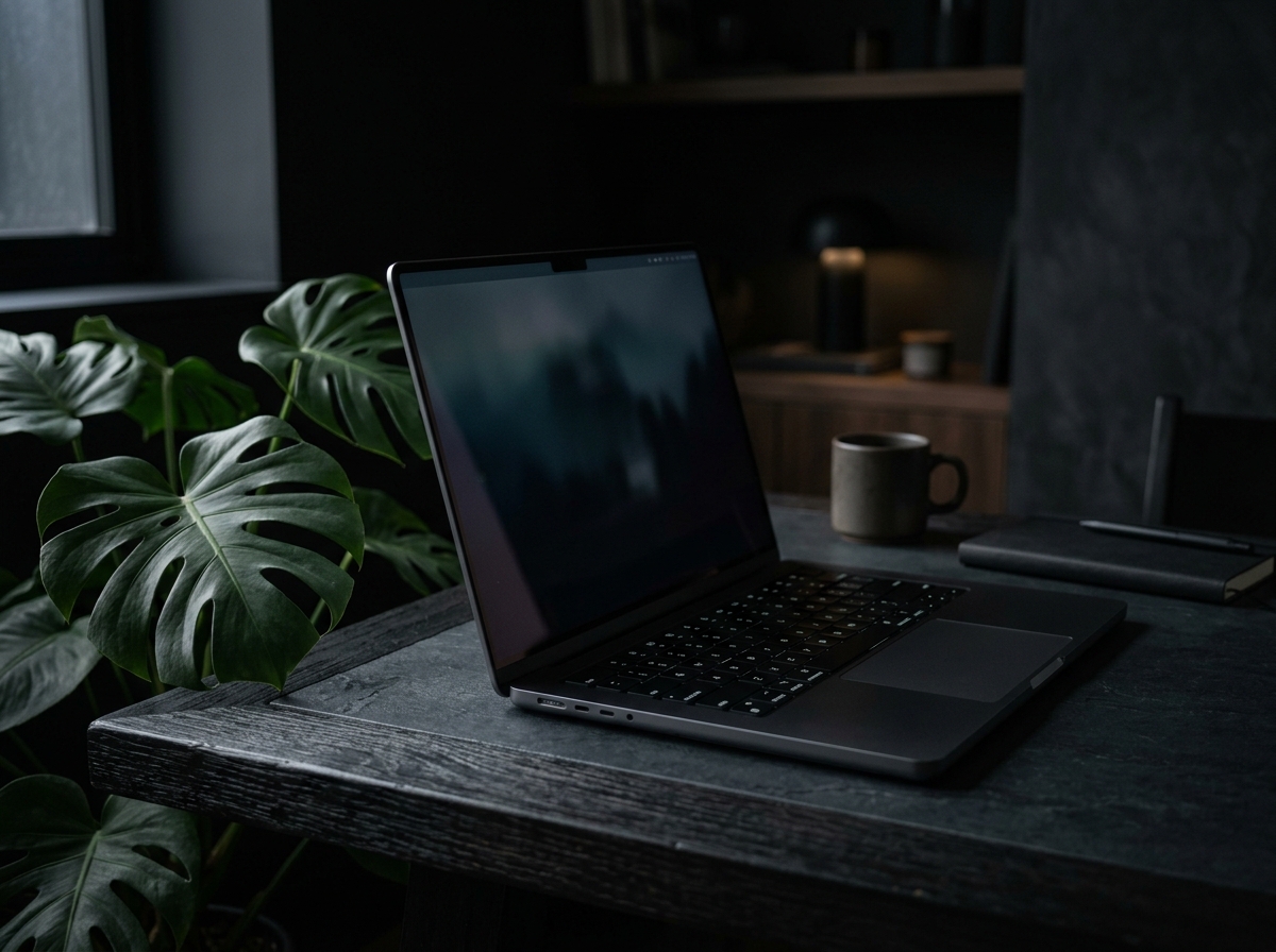 Laptop moderno em mesa minimalista escura